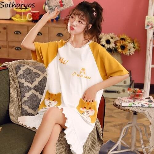Women Nightgowns Summer Kawaii Cartoon Print Spliced Outwear Fashion Soft Cotton O-neck Short Sleeve Korean Style Sleepwear Chic