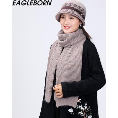 New Fashion Woolen Knitted Hat Scarf Set Women Winter Bucket Hat Warm Velvet Cold-proof Middle-aged Mother Grandmother Warm Set