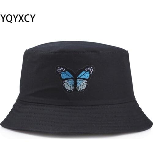 YQYXCY Bucket Hat Women Men Unisex Butterfly Embroidered Fisherman Cap Simple Leisure Sunscreen Summer Sun Hat Female Flat Top