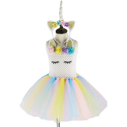 Pastel Baby Girls Rainbow Unicorn Dress With Headband Girls Unicorn Birthday Party Tutu Dress Kids Halloween Costume Photo Props