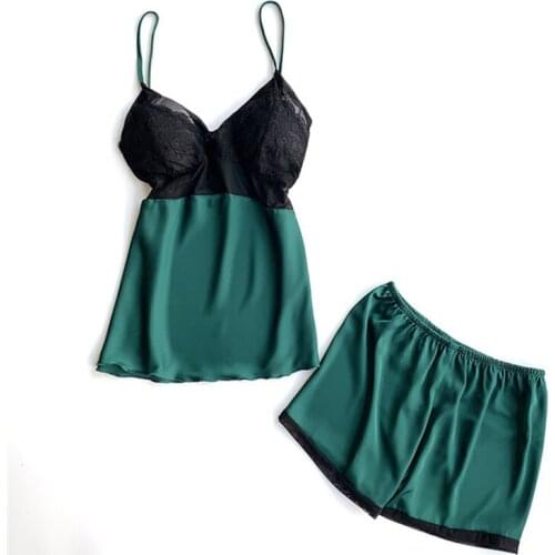 Pajamas womens mesh gauze hollow summer rayon sling shorts two-piece set with chest pad sexy and attractive пижама