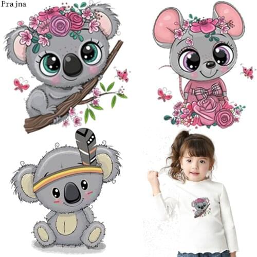 Prajna Cartoon Koala Iron On Transfer For Clothes Stickers Cute Animals Patch Thermal Heat Transfer Vinyl Kids Clothing Applique