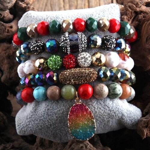 RH Fashion Boho Jewelry Christmas Gift Natural Stone & Glass Beaded Bracelet Set 5pc Stone Bracelets Sets For Women Jewelry