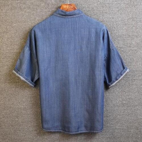 Summer Men Short Sleeve Denim Shirt Casual Striped Pocket Male Tops Streetwear Slim Fit Jean Shirts Vintage Cargo Chemise Homme