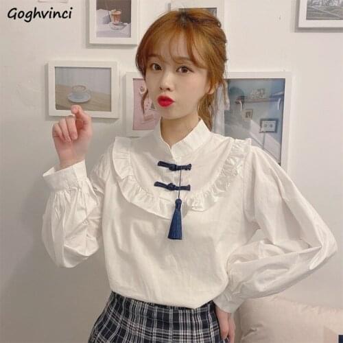 Shirts Women Stand Collar Chinese Style Button Shirt Womens Designer Student Chic Ins Ruffles Casual Aesthetic Tops Ladies Daily