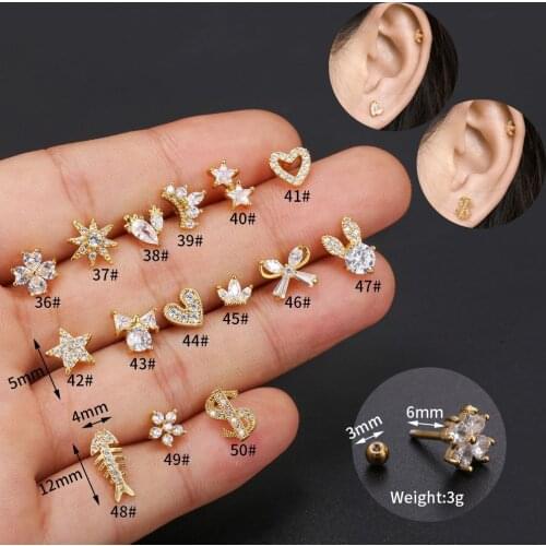 1PC 18G Korea Style CZ Star Heart Bow Tragus Cartilag Lobe Earrings Barbell Ear Stud Helix Piercing Jewelry