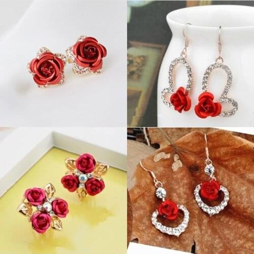 Hot Vintage Charming Trendy Cute Red Rose Wedding Earrings Crystal Rose Flower Earrings Pentagram Stud Earrings Party Jewelry