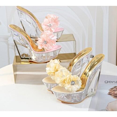 High Heels Slippers Summer New Flower Thick Bottom uper High Transparent Special-shaped Crystal Wedge Shoes Platform Slope