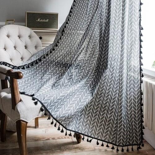Modern Grey Curtain With Tassel For Living Room Blinds French Windows Cotton Semi Blackout Finished Curtains