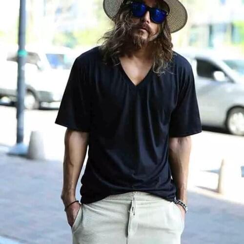 Mens new summer solid color V-neck slim trend short sleeve T-shirt versatile fashion handsome youth top half sleeve