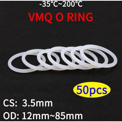 50pcs VMQ O Ring Seal Gasket Thickness CS 3.5mm OD 12~85mm Silicone Rubber Insulated Waterproof Washer Round Shape White Nontoxi