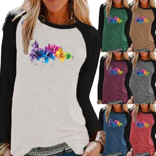 Women Clothing Raglan Long Sleeve Elegent Fashion Printing Graphic Tee Round Neck Pullover Loose Casual Shirt Autumn Tops