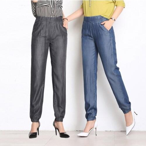 New female large yards Tencel jeans pants middle-aged high waist casual pants elastic waist loose trousers woman Wide leg pants