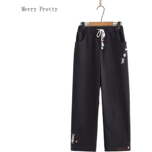 Cartoon Embroidery Straight Casual Women Trousers 2021 Summer High Waist Korean Ladies Pockets Bottom Pant