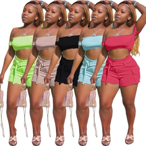 2021 Women Summer Solid Knitted Off Shoulder Short Sleeve Crop Top & Safari Shorts Suit Two Piece Set Tracksuit 5 Color