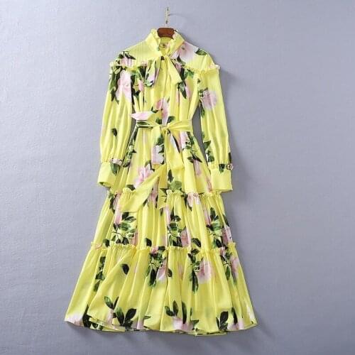 2021 Spring Summer Crew Neck Flora Print Long Dress Empire Womens Dress Yellow Blue