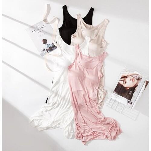 2019 Summer Women Silk Sleepwear Long Vest with Bra One Piece Anti-stripping Silk Round Collar Underneath Bottoming Homewear