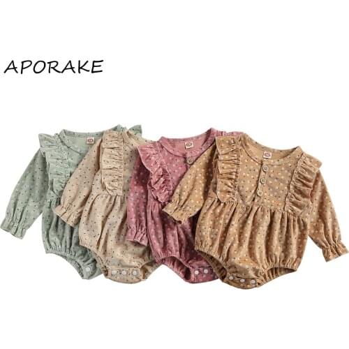 2021 0-18M Newborn Baby Girls Fashion Floral Print Romper Stylish Ruffle Long Sleeve Corduroy Spring Clothes for Kids Girls