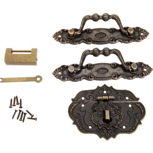 4pcs/set Chinese old Lock+Vintage Handle Knob+Latch Hasp Lock Clasp Antique Brass Bronze Decor Box Cabinet Furniture hardware