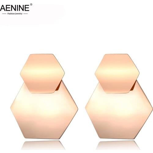 AENINE Curved Hexagon Rose Gold & Gun Black Plated Stud Earrings Stainless Steel Jewelry For Women Christmas Gifts AE18062