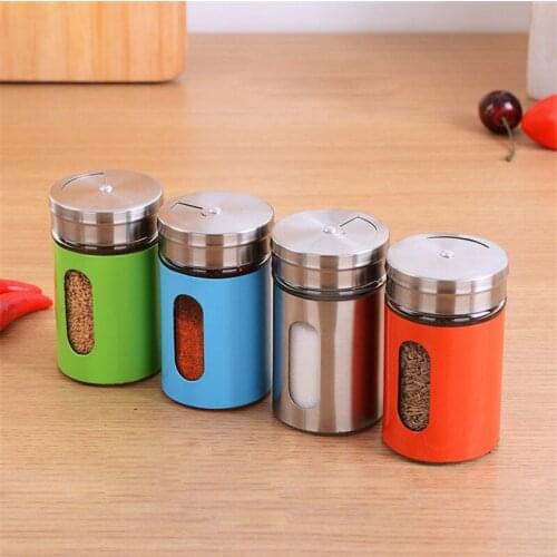 50pcs/lot 4 Different Needs Rotating Holes Spice Jars Condiment Pot Salt Pepper Kitchen Storage Stainless Steel Glass Container