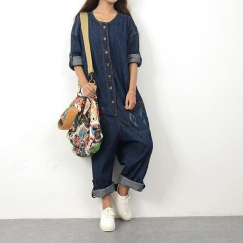Free Shipping 2019 New Fashion Denim Jumpsuit Bib Pants Trousers Jeans Long O-neck Jumpsuits With Pockets Plus Size Pants Women