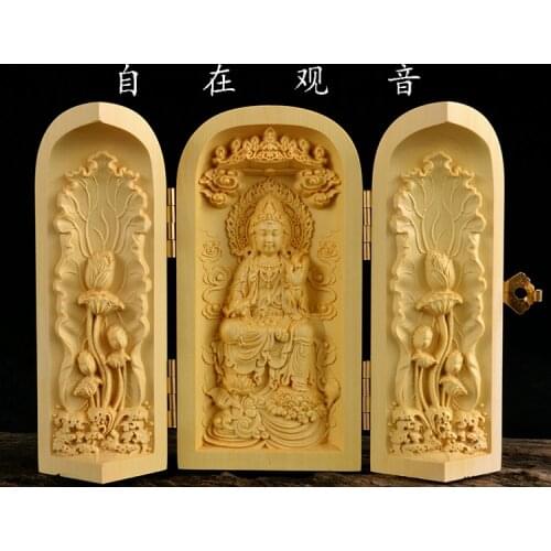 Buddhism sacred holy # traveling altar- efficacious Talisman Protection Lotus GUAN YIN Buddha Sculpture Wood carving statue