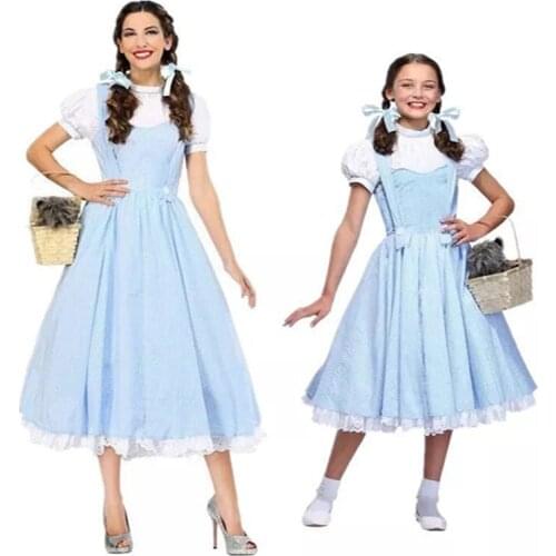 Rural Farm Maid Costume Halloween Fancy Party Cosplay Maid Uniform Parent-child Blue Gingham Dress