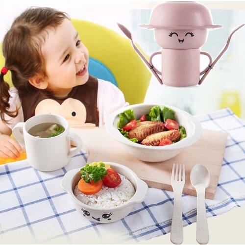 Baby Dinnerware Wheat Fiber Children/Kids Cutlery Sets 100% Green Dinner Plate / Bowl / Cup / Spoon / Fork Baby Feeding Set