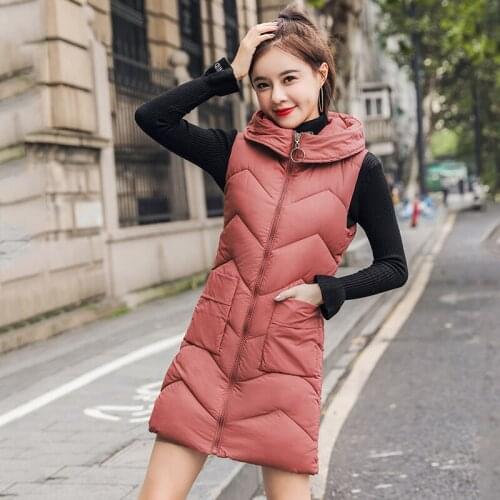 Fad Winter Womens Long Vest Cotton Padded Solid Slim Sleeveless Jacket Women Hooded Plus Size Stand Collar Thick Outwear