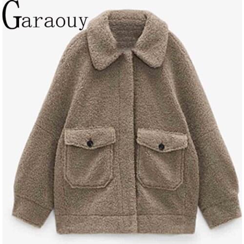 Garaouy 2021 New Women Autumn Winter Keep Warm Clothing British Style Pocket Lamb Wool Fleece-fleece Artificial Fur Jacket ZA