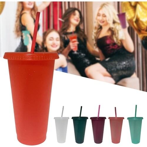 HOT 700ml 24oz Food Grade PP Plastic Glitter Cup Pure Color Straw Glitter Cups Reusable Plastic Water Bottle Drinkware Supplies