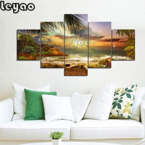 Diy diamond painting full square round drill Modern 5-piece beach ocean landscape picture wall art suitable for living room