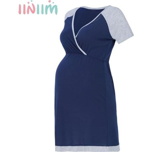 Maternity Nursing Pajamas Pregnant Women Short Sleeve V Neck Nightdress Breastfeeding Nightgown Sleepwear Pregnancy Nightwear