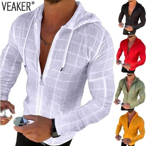 2021 New Men Summer Long Sleeve Mesh Hollow Out Zipper Shirt Solid color White Casual Thin Sun protection Shirt Outerwear S-3XL