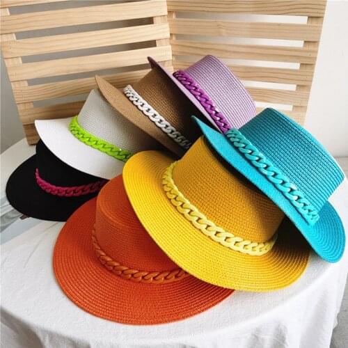 Panama 2021 Fashion Womens Summer Chain Decoration Sun Protection Cap Female Wide Brim Flat Top Beach Hat Sun Hats Straw Hat