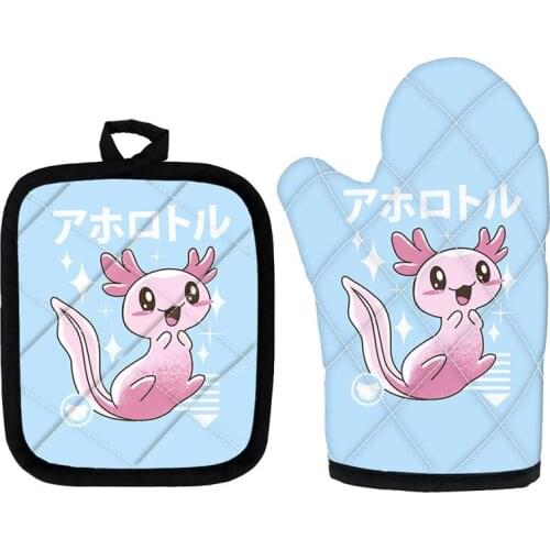 Adorable Axolotls Printing Oven Gloves Kawaii Kitchen Accessories Heat Resistant Tools for Women Cartoon 2pcs Mitts and Mats