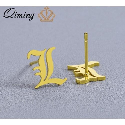 QIMING Letter L Old English Earrings Women Ear Piercing Mother Ladies Christmas Gifts Gold fashion Vintage Stud Earrings Femme