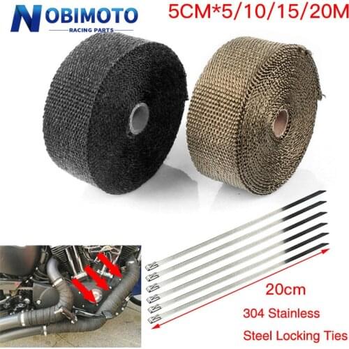 Exhaust Heat Wrap 5cm*5M/10M/15M/20M Thermal Tape Fiberglass Heat Wrap Manifold Insulation Roll Resistant with Stainless Ties