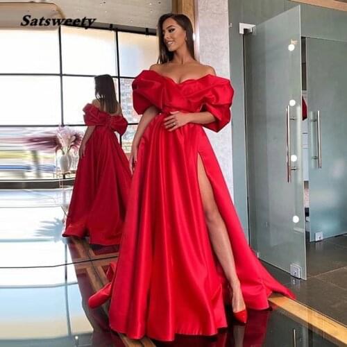 Gorgeous Long Satin Evening Dress Red For Bride With Sleeves Off the Shoulder 2021 Party Sexy Prom Gowns With Side Slit