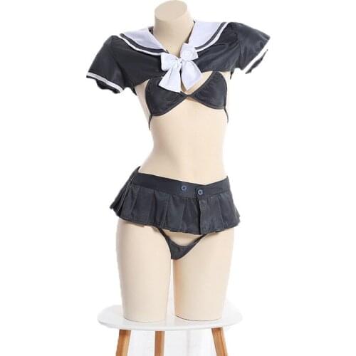 Japanese Cosplay Bikini Sexy Womens Lovely Lingerie Student Outfit 3PCS Set Bra & Panties & Smock Set School Girl Sailor Costume