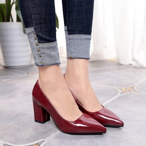 Dropshiping 2019 New Women Pumps Black High Heels Lady Patent Leather Thick with Autumn Pointed Single Shoes Female Sandals Big