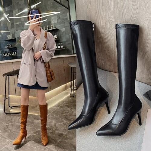 Womens Knee-high Boots Fashion Solid Color Zipper Pointed Toe Stiletto Heel High Boots