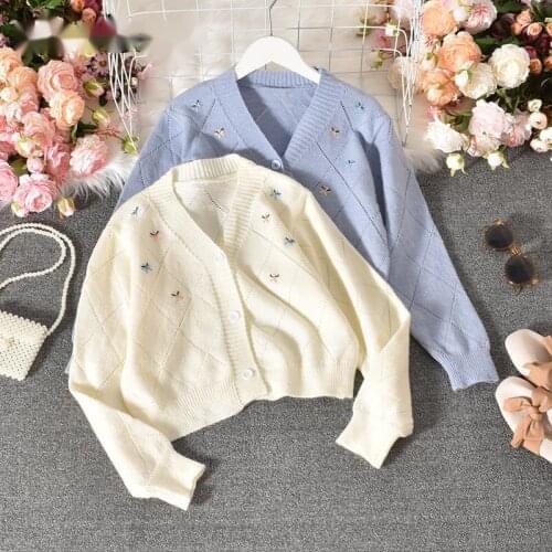 Floral Embroidery Women Sweater Coat Long Sleeve V-neck Hollow-out Knitwear 2021 New Korean Causal Short Cardigan Tops