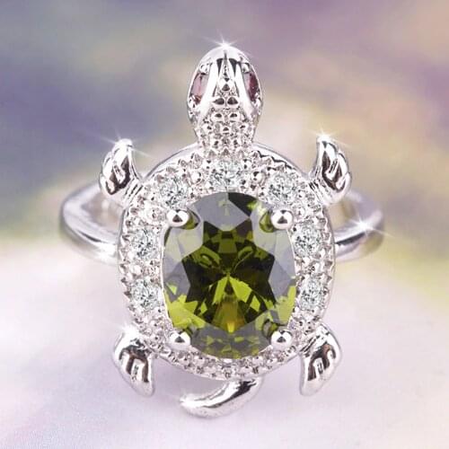 Female Big Olive Green Turtle Ring Retro Silver Color Crystal Zircon Stone Rings For Women Wedding Jewelry Valentines Day Gift