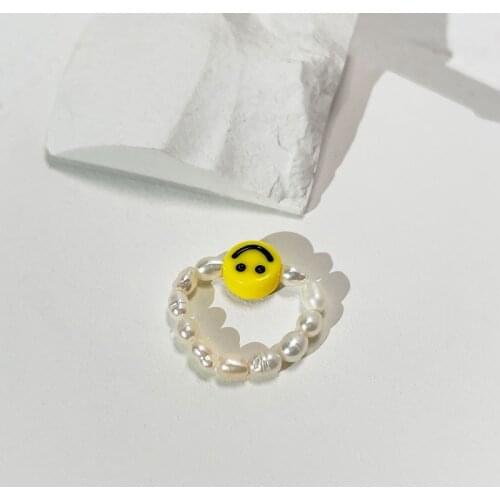 ALLNEWME Cute Smiley Face Nature Freshwater Pearl Ring for Women Yellow Smiling Acrylic Romantic Pearls Rings Trendy Beach Ring