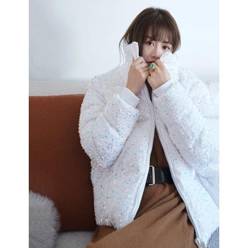 2020 Winter Fashion Sequined Jacket Women loose Warm Big Fur collar Down Cotton Short Jacket Coat Girl Student Bread Coat Trend
