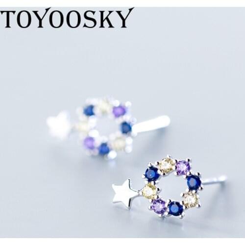 1 Pair S925 Silver Stars Earrings Jewelry Women Colorful Crystal Five-pointed Star Sweet Cute Hollowing Round Earrings Brincos