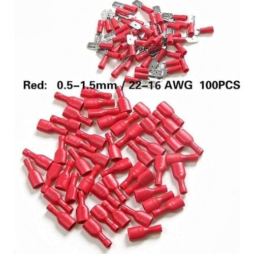 100pcs FDD 1.25-250 MDD1.25-250 6.3mm Red Female + Male Spade Insulated Electrical Crimp Terminal Connectors Wiring Cable Plug