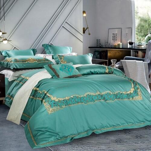 Premium Quality 120S Egyptian cotton Embroidered Bedding set Green Queen King Royal Duvet cover Bed sheet set Pillowcase 4/6pcs